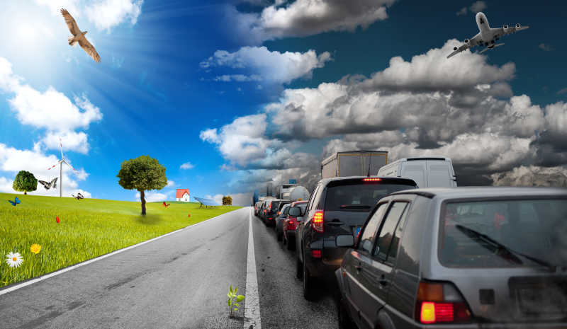 汽车污染和绿色环境的概念图