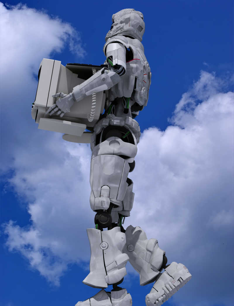 天空下抱着电脑行走的机器人