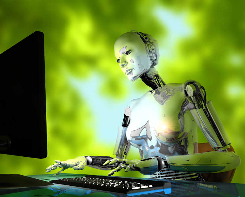 绿色背景下机器人在计算机上工作