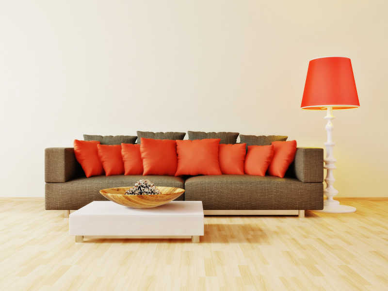 现代棕色沙发红色抱枕室内设计