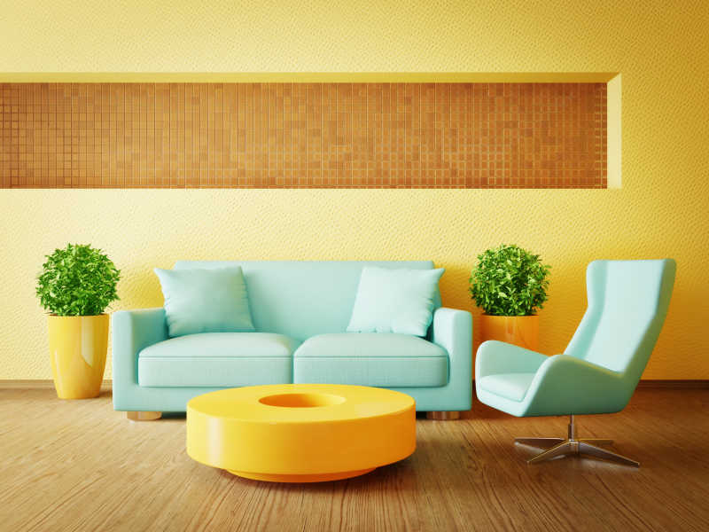 客厅黄色室内设计绿色沙发