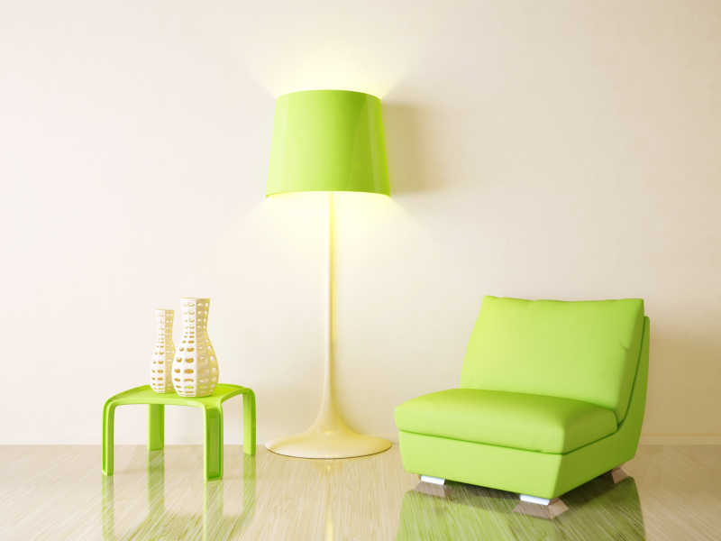 室内白色墙壁上的绿色家具