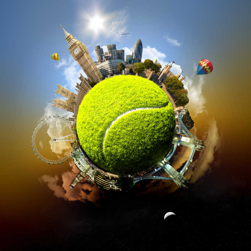 围绕在巨大的网球周围的城市建筑和风景