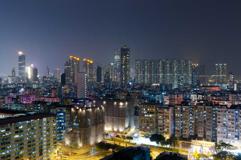 中国香港城市现代高层建筑夜景鸟瞰