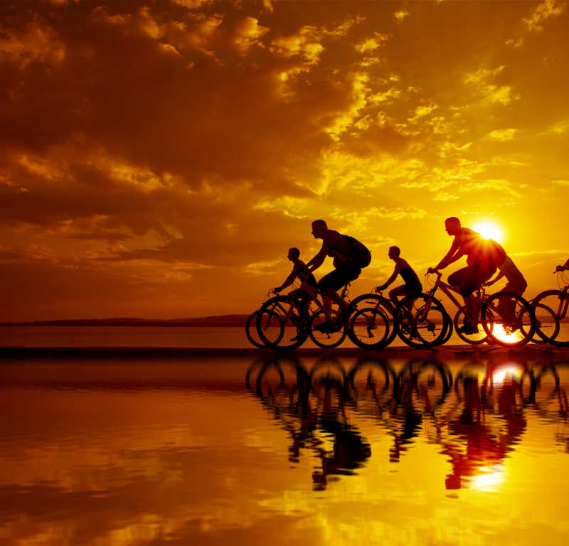 日落时骑自行车的人们