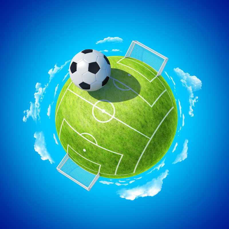 蓝色背景上球形足球场上放着足球的概念图