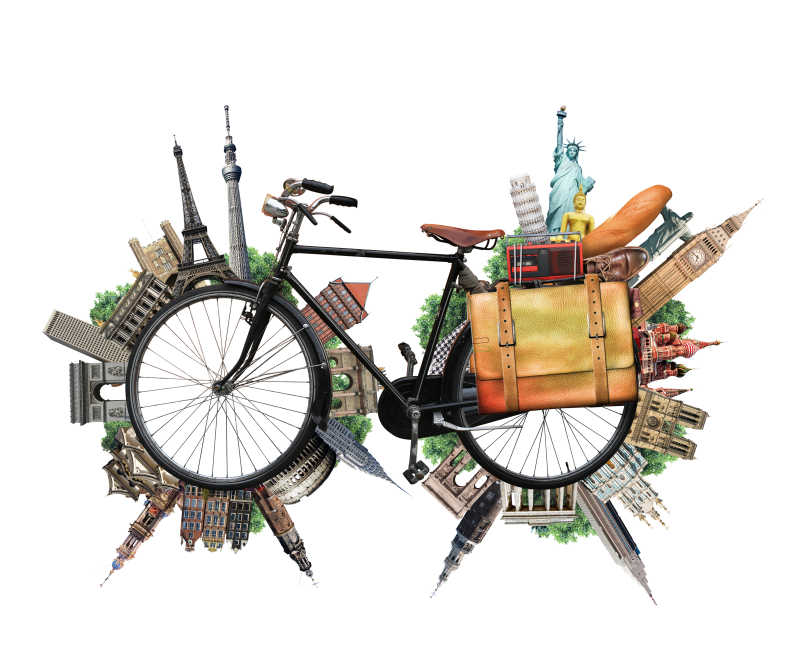 自行车上的全世界旅行的概念