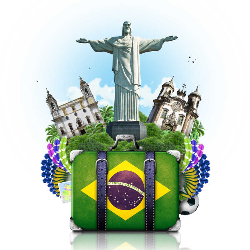 巴西旗帜皮箱和标志性建筑旅行的概念