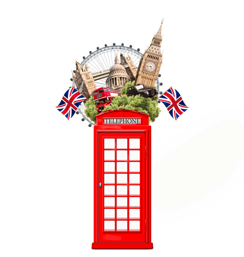 电话亭上的伦敦标志性建筑旅行的概念