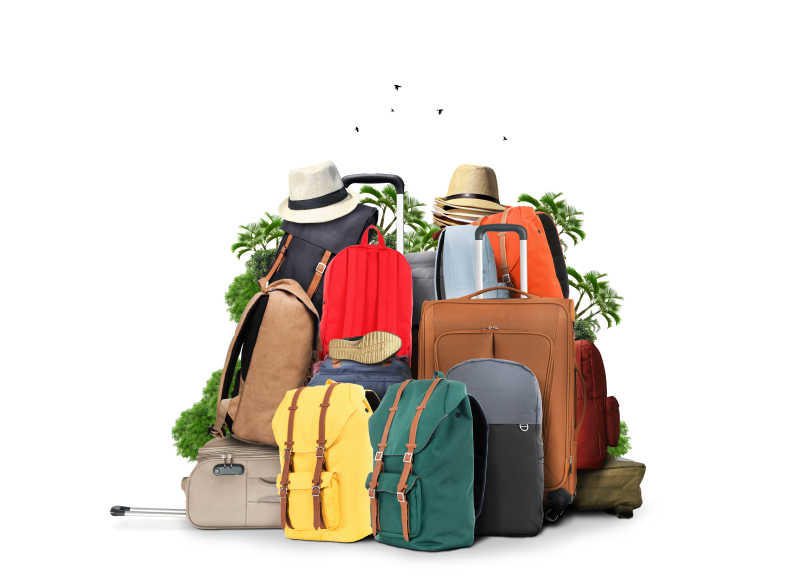 各种旅行背包和帽子旅行的概念