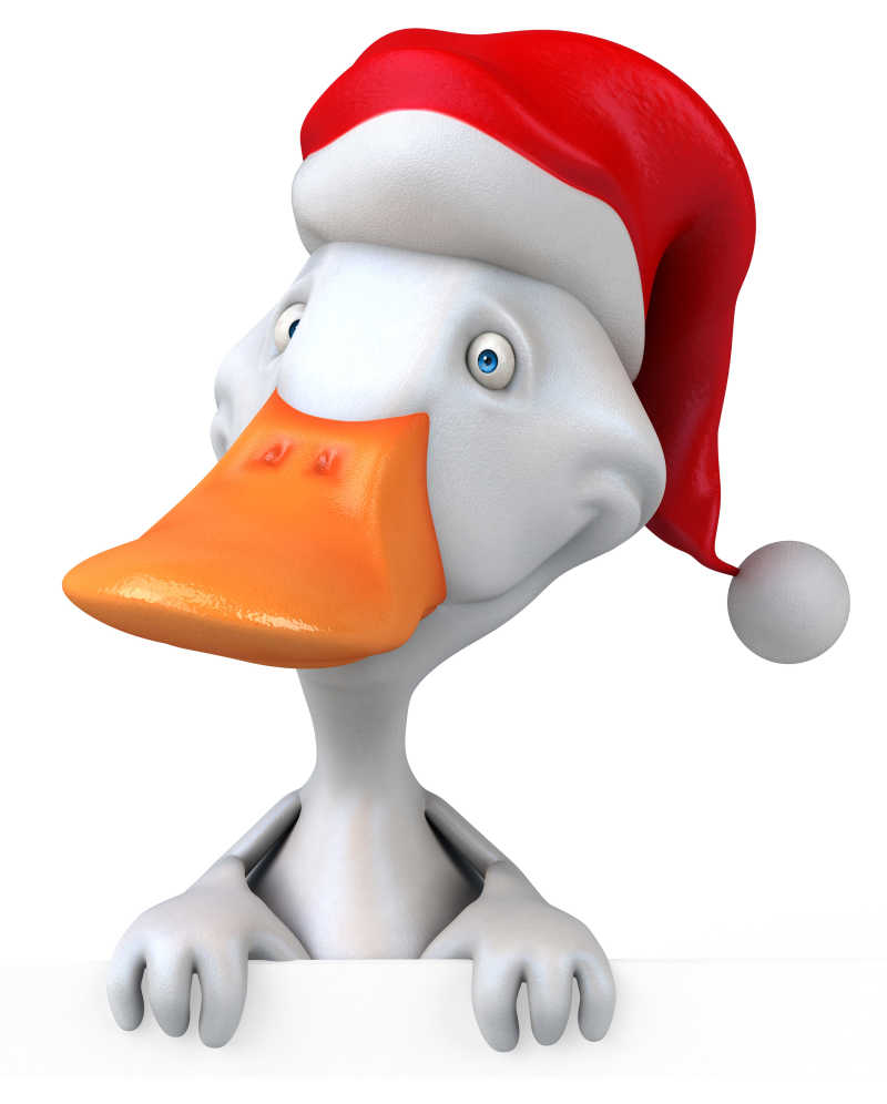 白色背景下戴着圣诞帽的动漫鸭子