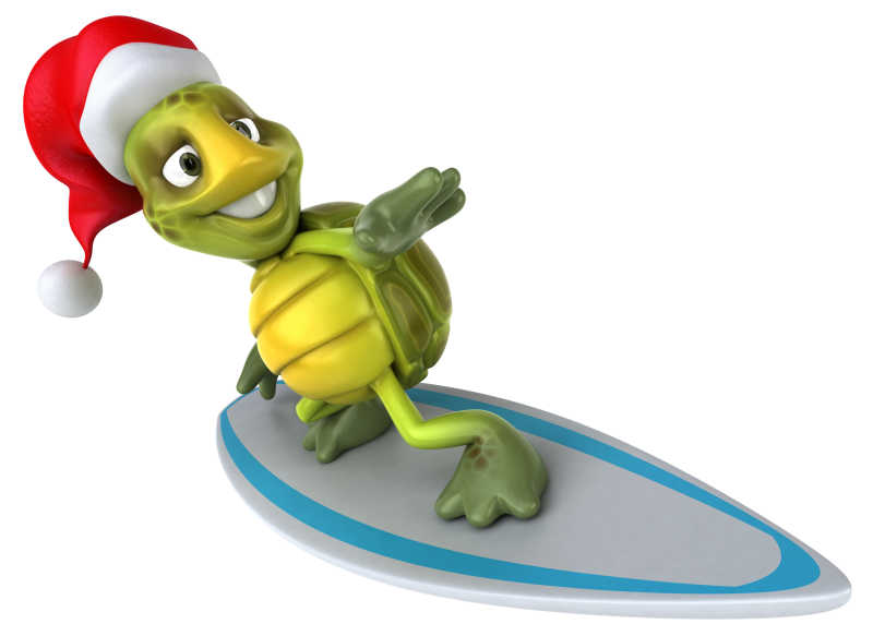 白色背景下戴着圣诞帽的动漫乌龟