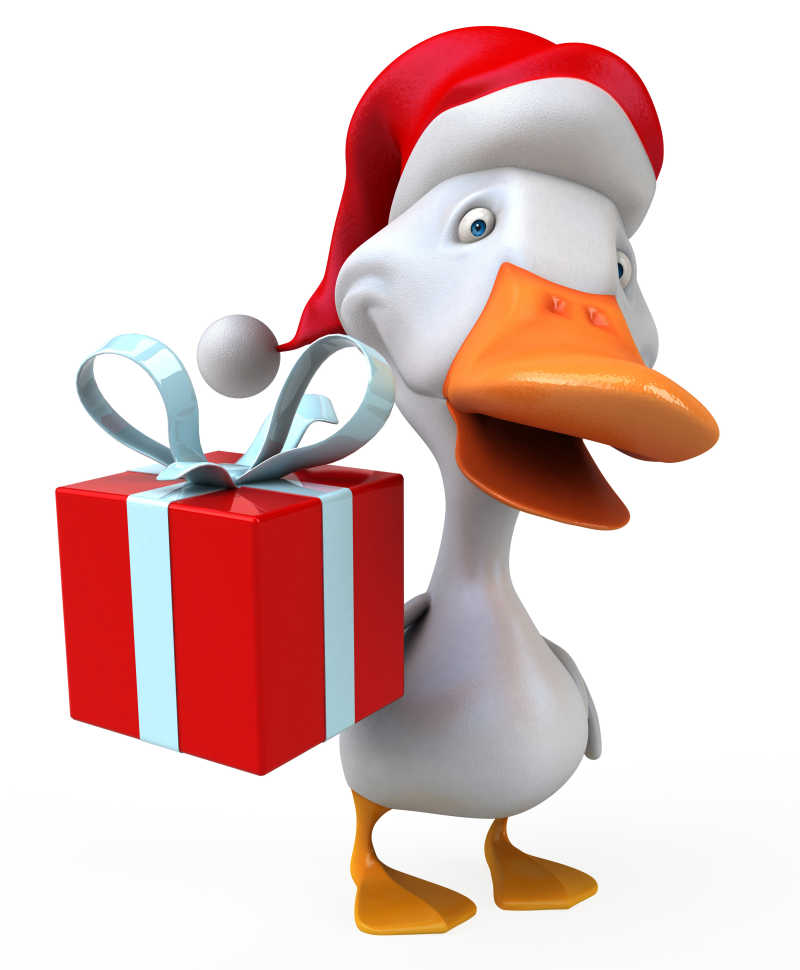戴着圣诞帽拿着礼物的的动漫鸭子特写