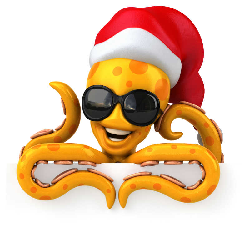 戴着圣诞帽和墨镜的动漫章鱼特写