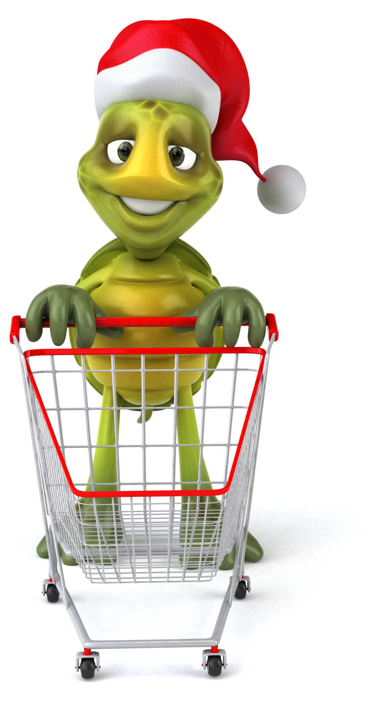 戴着圣诞帽推车购物车的动漫乌龟