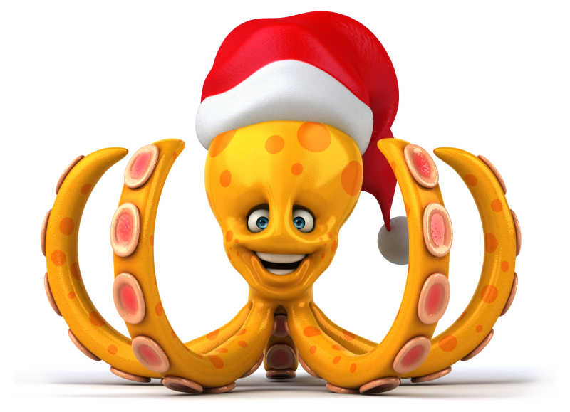 白色背景下戴着圣诞帽的动漫章鱼