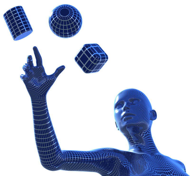 蓝色机器人的手和三个基本的3D形状