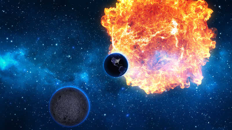 蓝色太空中的黑色星球和爆炸火焰