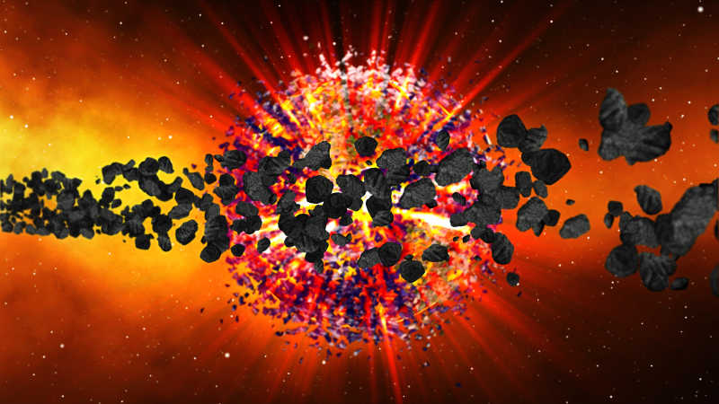 黑色太空里模拟地球爆炸和太空垃圾