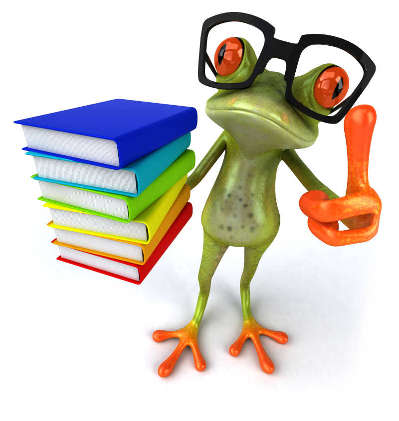 戴眼镜抱着一摞书的青蛙