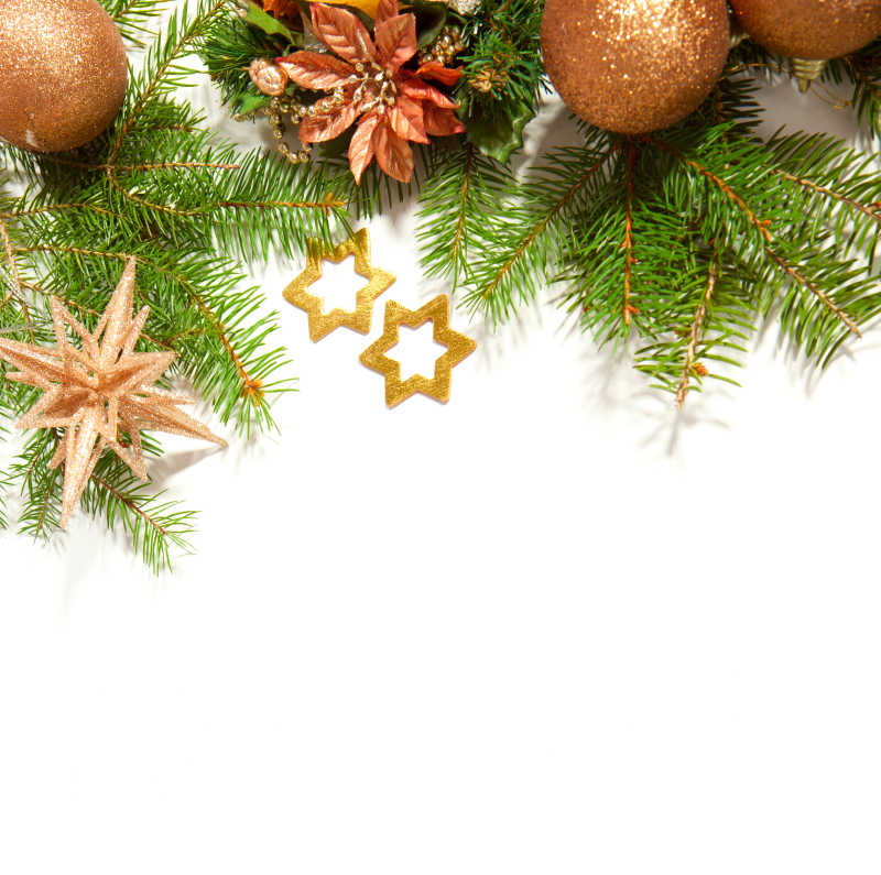 白色背景下的金色的圣诞装饰品和圣诞树枝以及鲜花