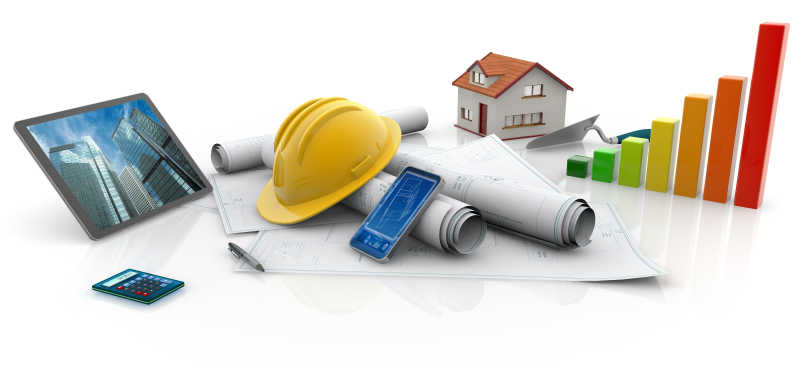 建筑蓝图和承包商的工作工具