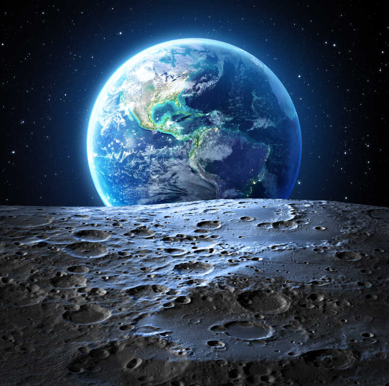 月球表面与蓝色地球图片素材 月球表面与地球创意cg素材 Jpg图片格式 Mac天空素材下载