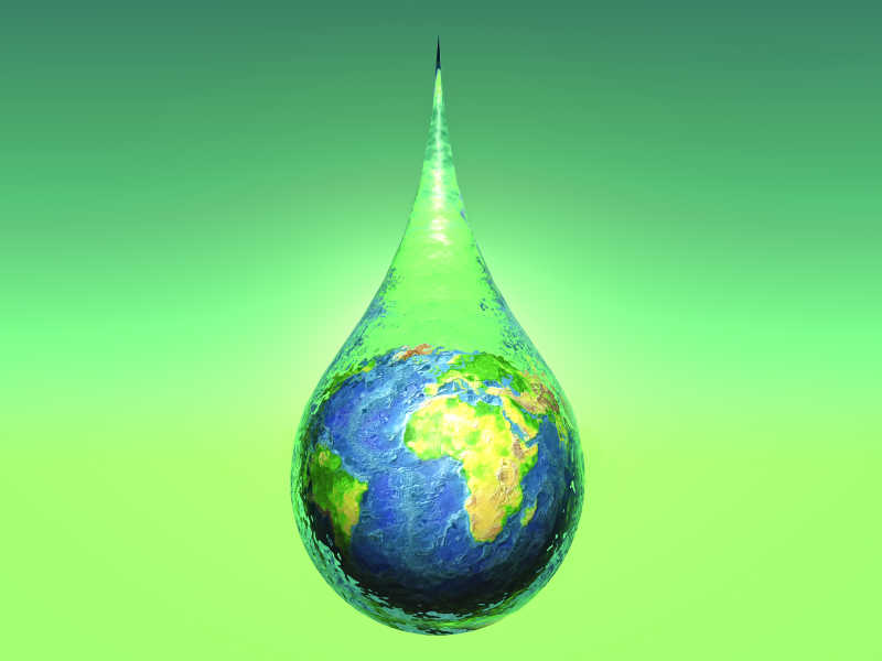 绿色背景下水滴里的地球