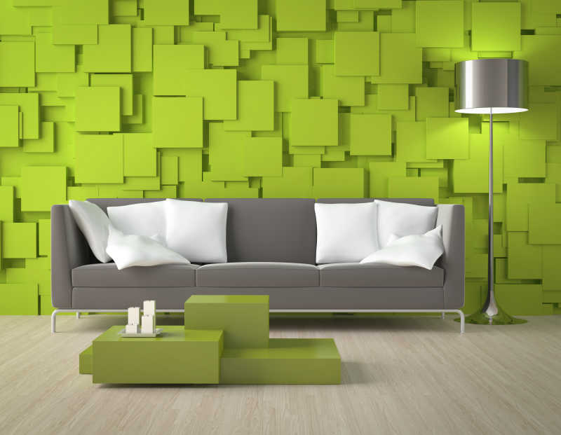 室内客厅绿色背景墙和灰色家居的设计