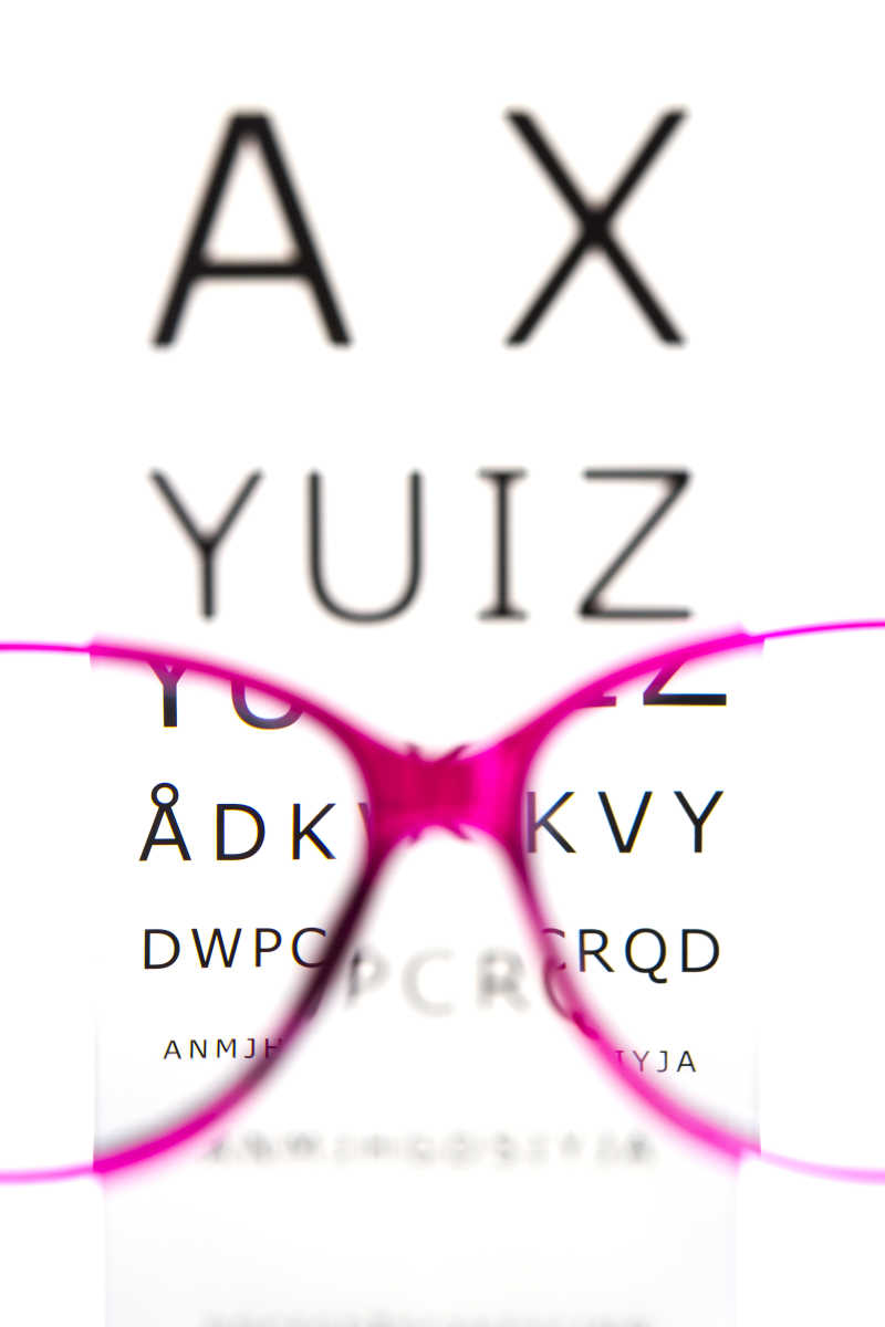 白色背景下的视力表和粉红色的眼镜