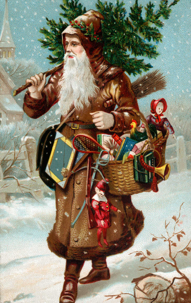 圣诞老人背着圣诞是手拿圣诞礼物走在雪地上