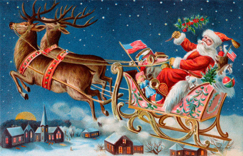 圣诞老人坐着雪橇在天空飞翔插图
