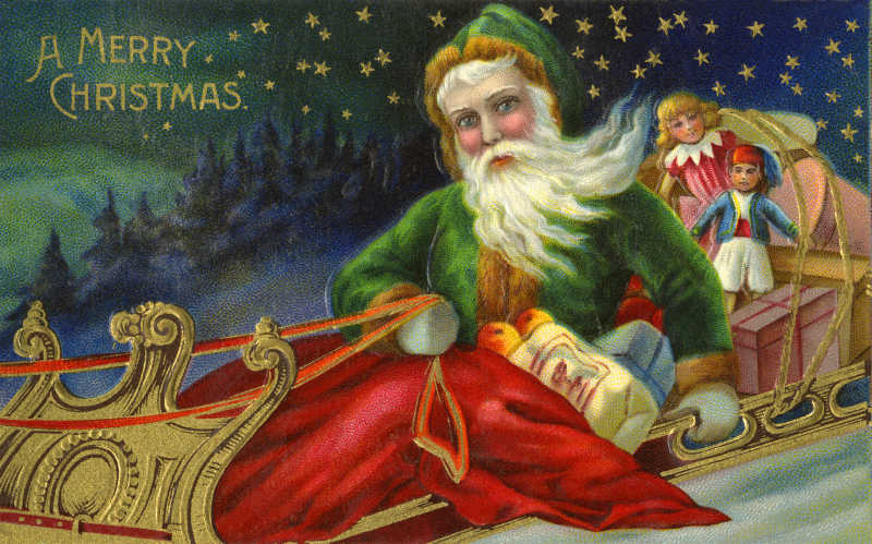 圣诞老人拉着雪橇和一堆圣诞礼物插图