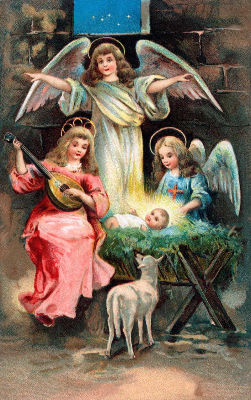 天使环绕基督儿童老式插画