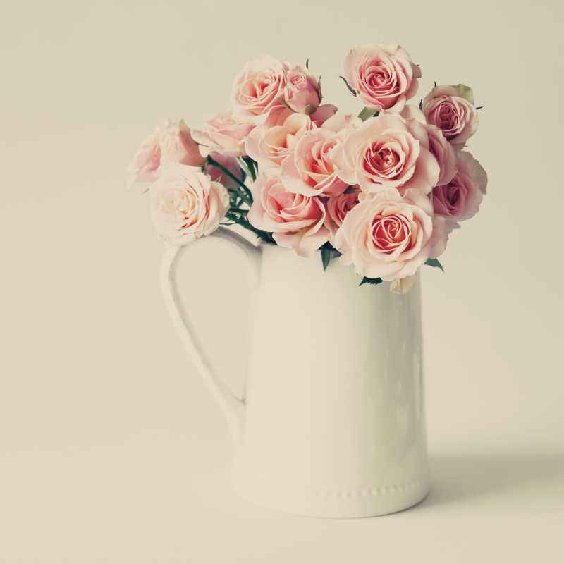 米色背景相爱杯中粉红色的玫瑰花