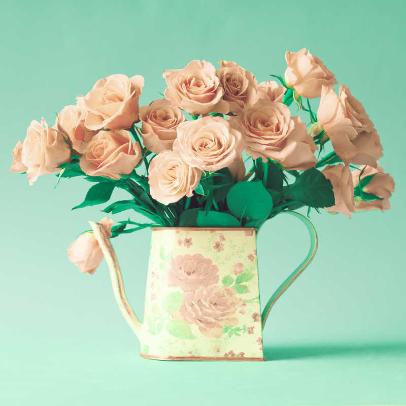 复古茶壶中摆放的粉红色玫瑰花