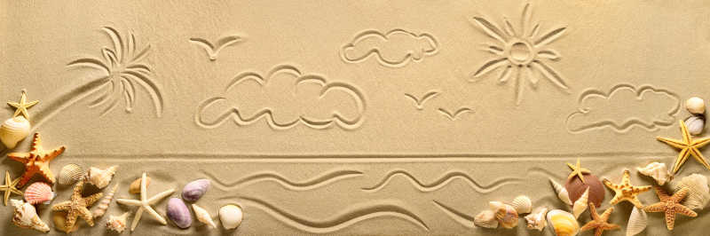 装饰画在沙子贝壳是海边的度假天堂