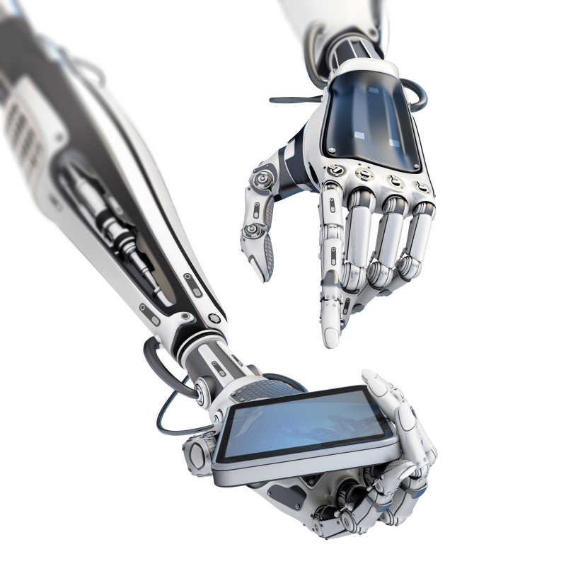 未来机器人手持智能手机智能手和触摸它的手指孤立在白色的背景
