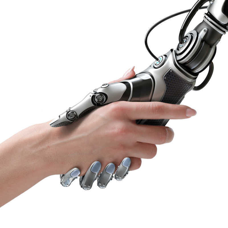 人与女性机器人类握手