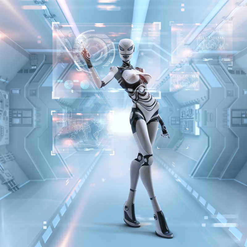 未来女性机器人正在数字空间中管理虚拟接口