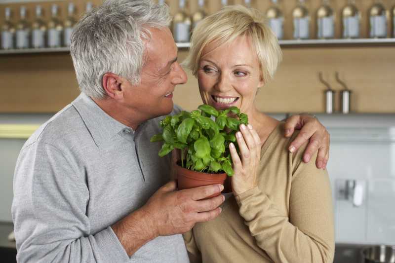 中年的丈夫送给妻子一盆绿色植物