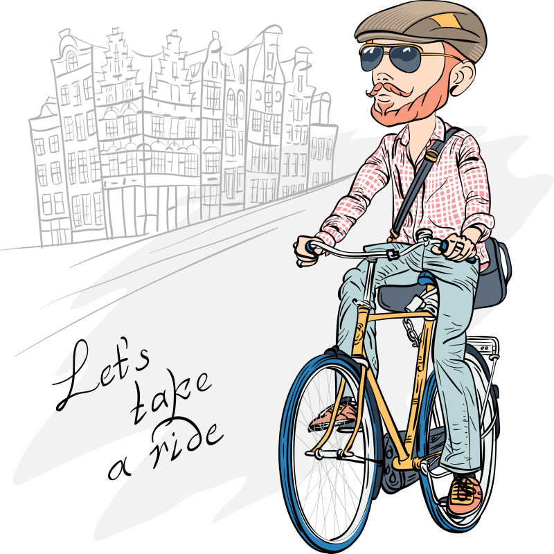 戴着帽子和墨镜的时尚男士骑自行车的卡通手绘插画