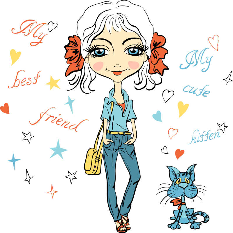 关于时尚女孩和猫的手绘插画