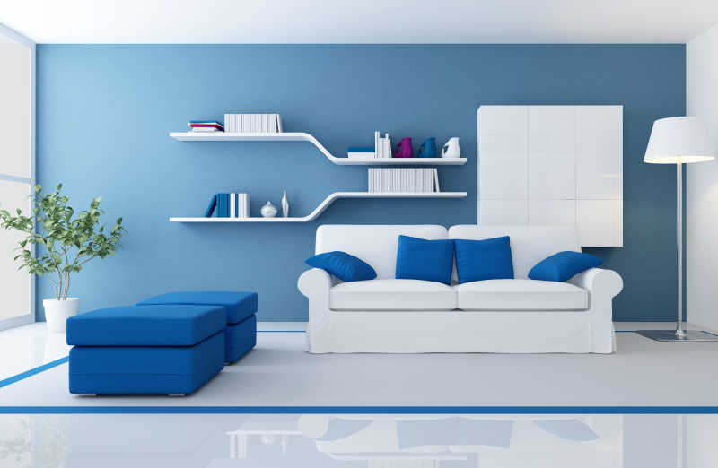 蓝色现代客厅的白色沙发
