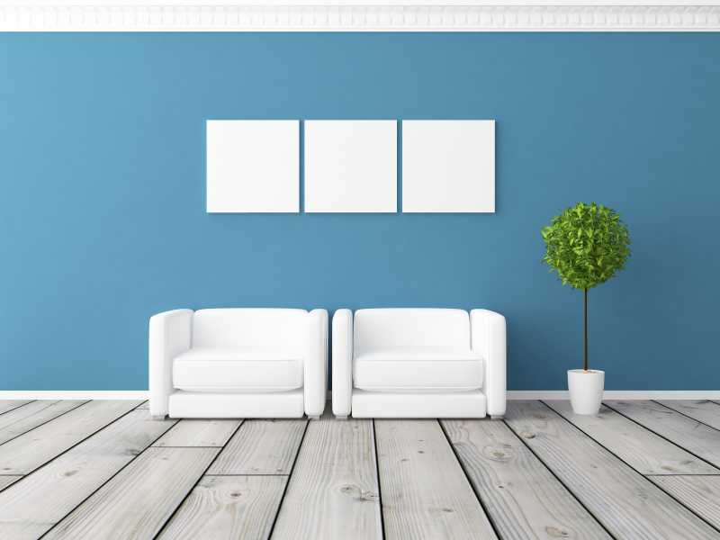 室内蓝色的墙面与白色的沙发和绿色的植物