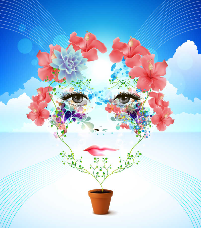 美丽的鲜花和植物构成的脸部效果