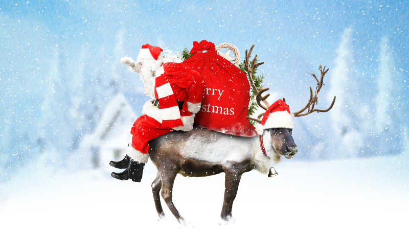 圣诞老人带着驯鹿和礼物去送礼物