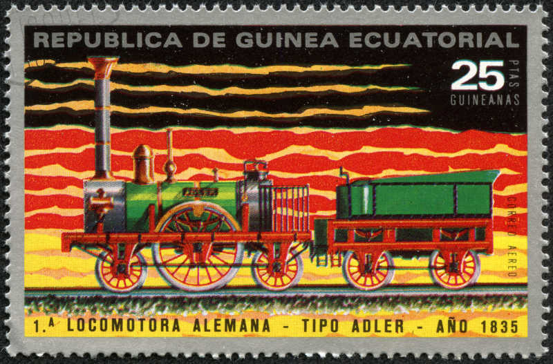 赤道几内亚印着老式火车头的邮票