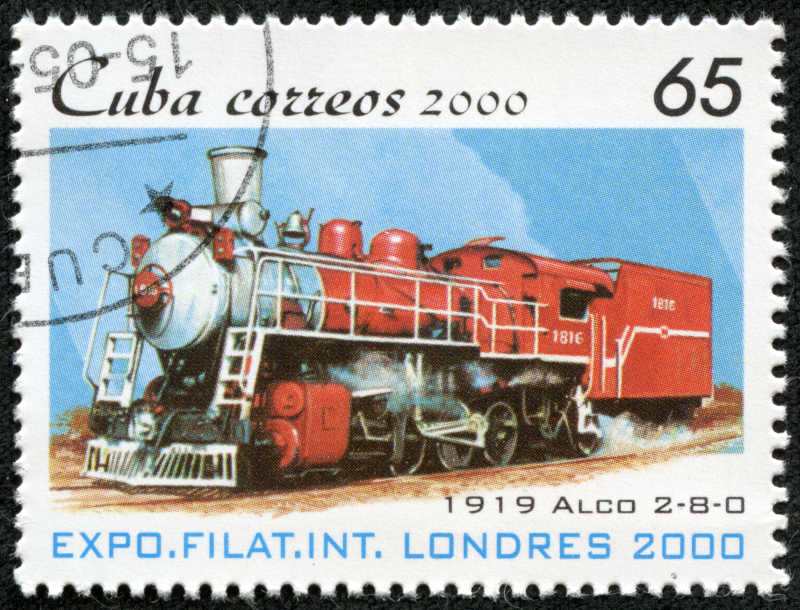 古巴印着蒸汽火车头的邮票