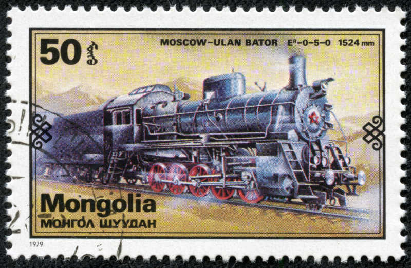 蒙古印着古董火车头的邮票